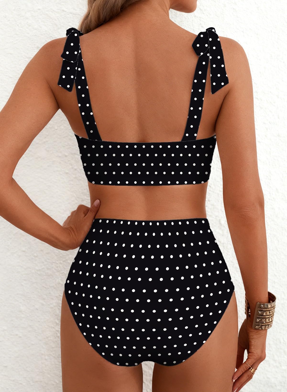 Condition photo showing As Is for herseas women's 2 piece black bikini sets modest high waisted adjustable tie shoulder push up swim s