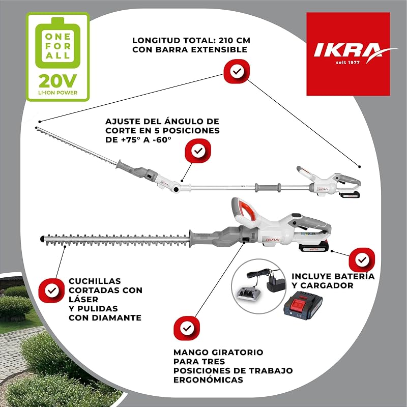 Cortasetos a batería 2en1 ICPH 2050 con Barra telescópica