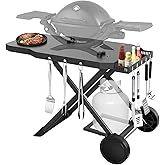 Barbqtime Upgraded Portable Grill Cart for Weber Q1200, Q1000, Q2200, Q2000 | Foldable Cart for Weber Q Series Gas Grill, Propane Tank Holder, Large Wheels, 3 Hooks, Outdoor BBQ Stand with Storage Basket