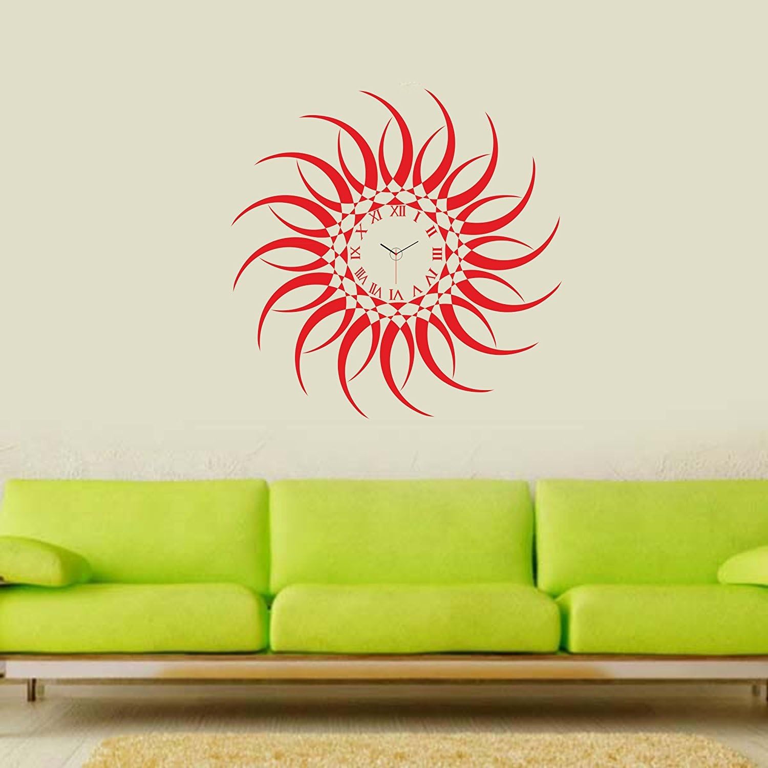 Designer Self Adhesive Removable wall Sticker Do it Yourself (DIY) Silent Analog Wall Clock- Red Sun