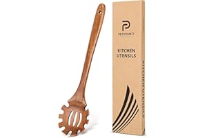 Wooden Pasta Spaghetti Spoon with Teeth, Teak Slotted Pasta Spaghetti Strainer Spoon for Cooking Serving Collecting, Wooden P