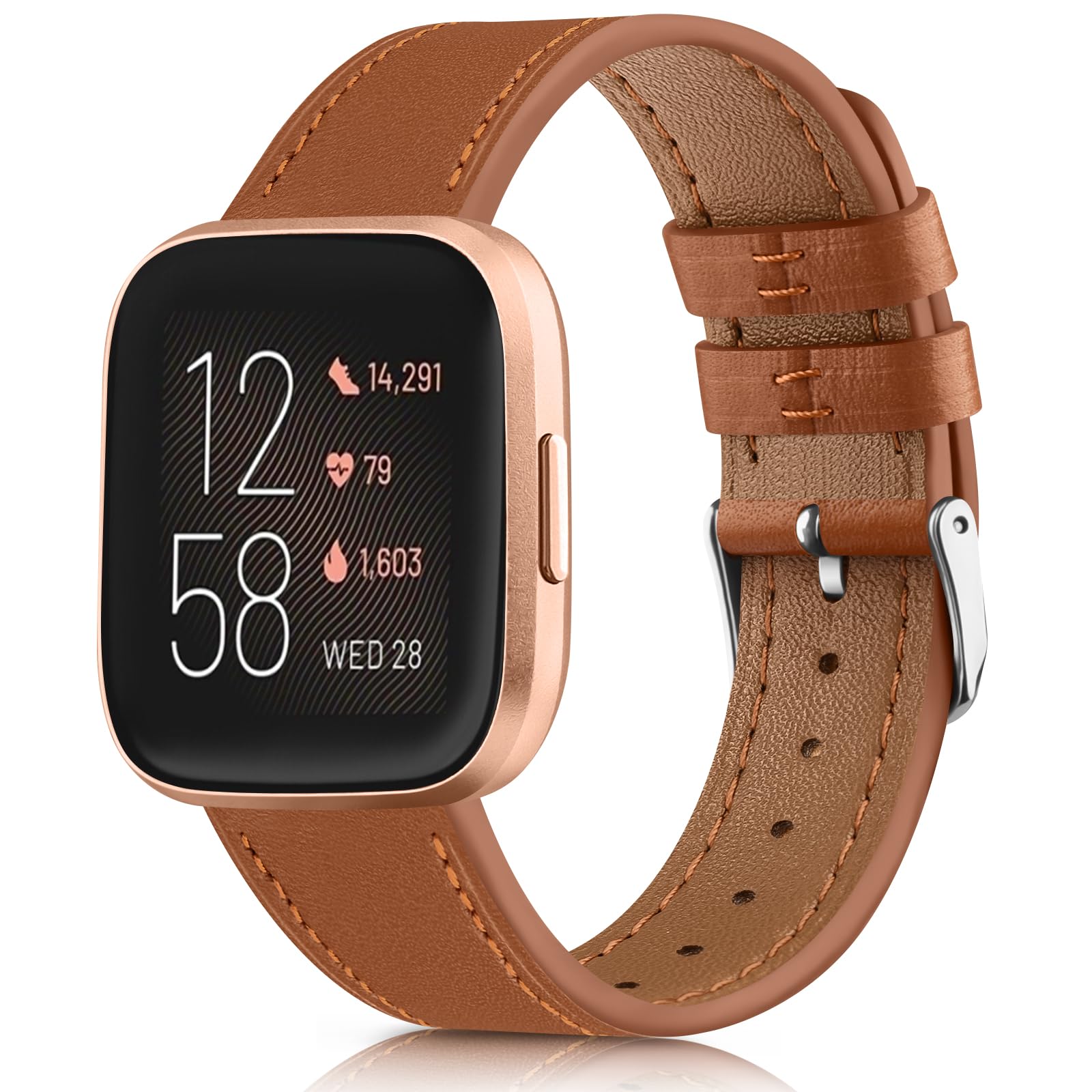 Mugust Leather Strap Compatible with Fitbit Versa & Versa 2, Classic Replacement Strap for Women & Men (Brown)