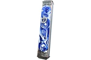 Tamara Baskin Art Glass Mezuzah, Easy Mount Indoor or Outdoor Weatherproof Metal Case Gift Box and Non-Kosher Scroll Included Hand Made in USA Guaranteed for Life (Marbled Blue White)