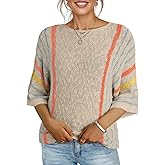 Dokotoo Womens 2026 Spring Summer Casual Crewneck 3/4 Sleeve Striped Lightweight Knit Trendy Boho Tops Pullover Sweaters