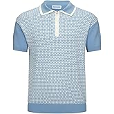 OXKNIT Men's Zipper Retro Polo Shirt Textured Casual Knit Short Sleeve Blue Polo T Shirt
