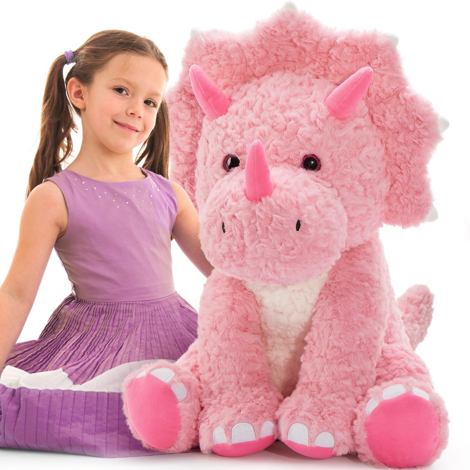 Photo 1 of Tezituor Large Pink Dinosaur Stuffed Animals, 24inch Large Stuffed Dinosaur Plush Toys, Hugging Soft Dino Triceratops Plush Pillow for Boys Girls