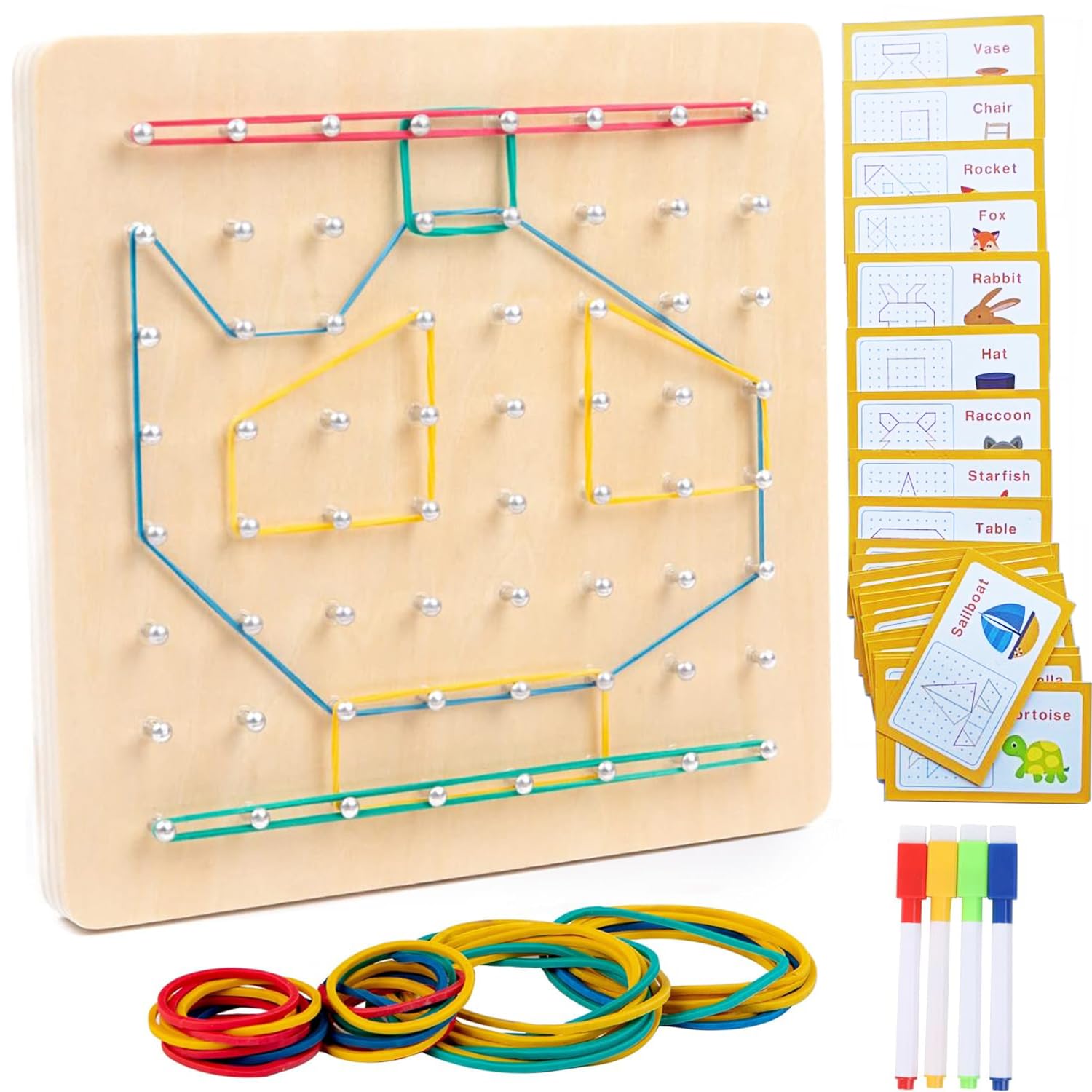 Wooden Geoboard, Montessori Toys, Geoboards with Rubber Bands Graphical Mathematical Education Toy for Kids Developing Imagination and Geometric Shapes For Baby Learning Tool Fine Motor Skills Toys