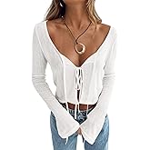 Tankaneo Women's Tie Front Crop Tops Bell Sleeve Scoop Neck Long Sleeve Blouses Crochet Sheer Knit Shrug Shirts