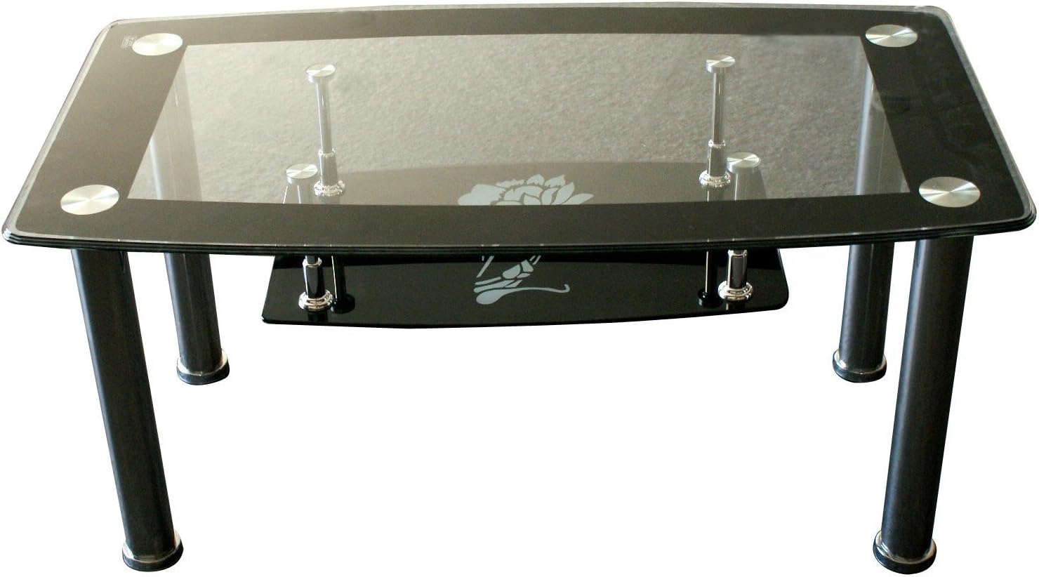 Hodedah Two Tier Rectangle Tempered Glass Coffee Table, Black: Kitchen & Dining