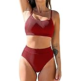 CUPSHE Women's Bikini Set Two Piece Swimsuits High Waisted Scoop Neck Spaghetti Adjustable Straps Textured