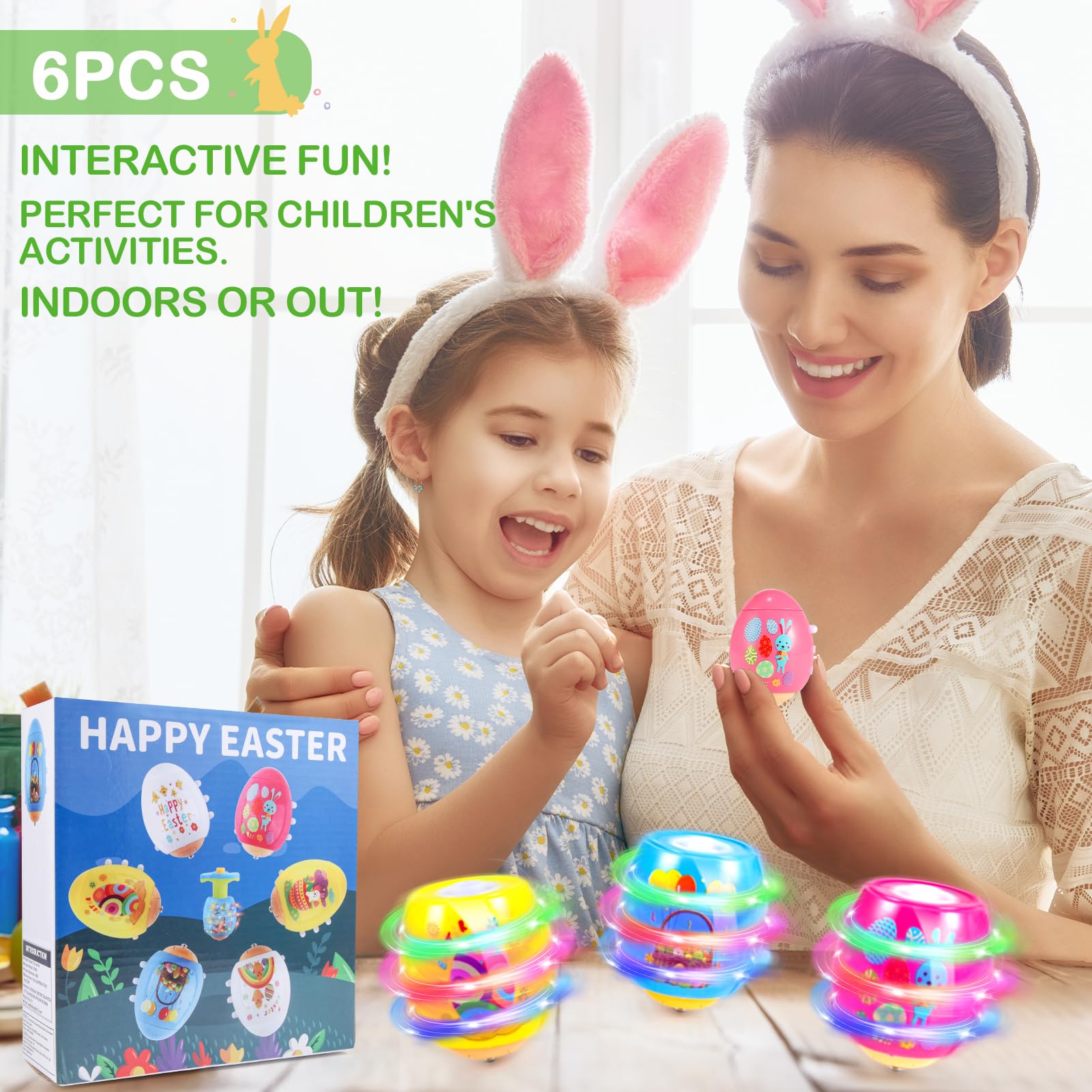 6 PCS Easter Basket Stuffers for Toddler Kids, Light Up & Singing Spinning Top with Flash, Easter Egg Hunt Party Favor Toy Gifts, Kids Goodie Bag Fillers, Easter Gifts for 3+ Boys Girls