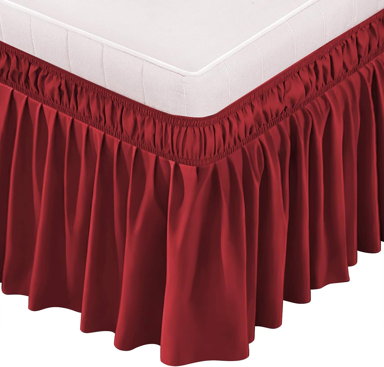 BIGTONE Bed Skirt Wrap Around Elastic Dust Ruffles Solid Color Wrinkle and Fade Resistant with Adjustable Elastic Belt 15 Inch Drop,Queen Size Bed,Burgundy: Kitchen & Dining