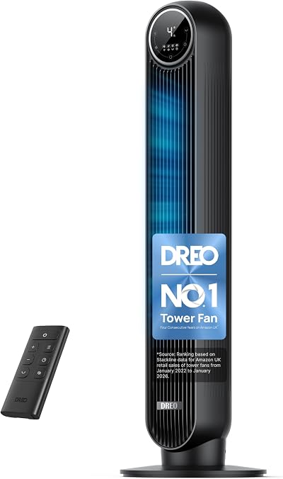 Dreo 20dB Silent Tower Fan 28 ft/s Remote 90° Oscillation 8 Speeds