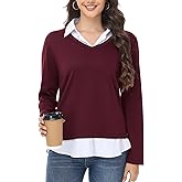 Kaleforneo Womens Sweaters Fall Fashion 2025 V Neck Long Sleeve Collared Shirts Office Business Lightweight 2 in 1 Tops