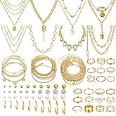 KOSMOS-LI 60 PCS Gold Plated Jewelry Sets with Costume Necklaces, Bracelets, Earrings, Knuckle Rings for Women