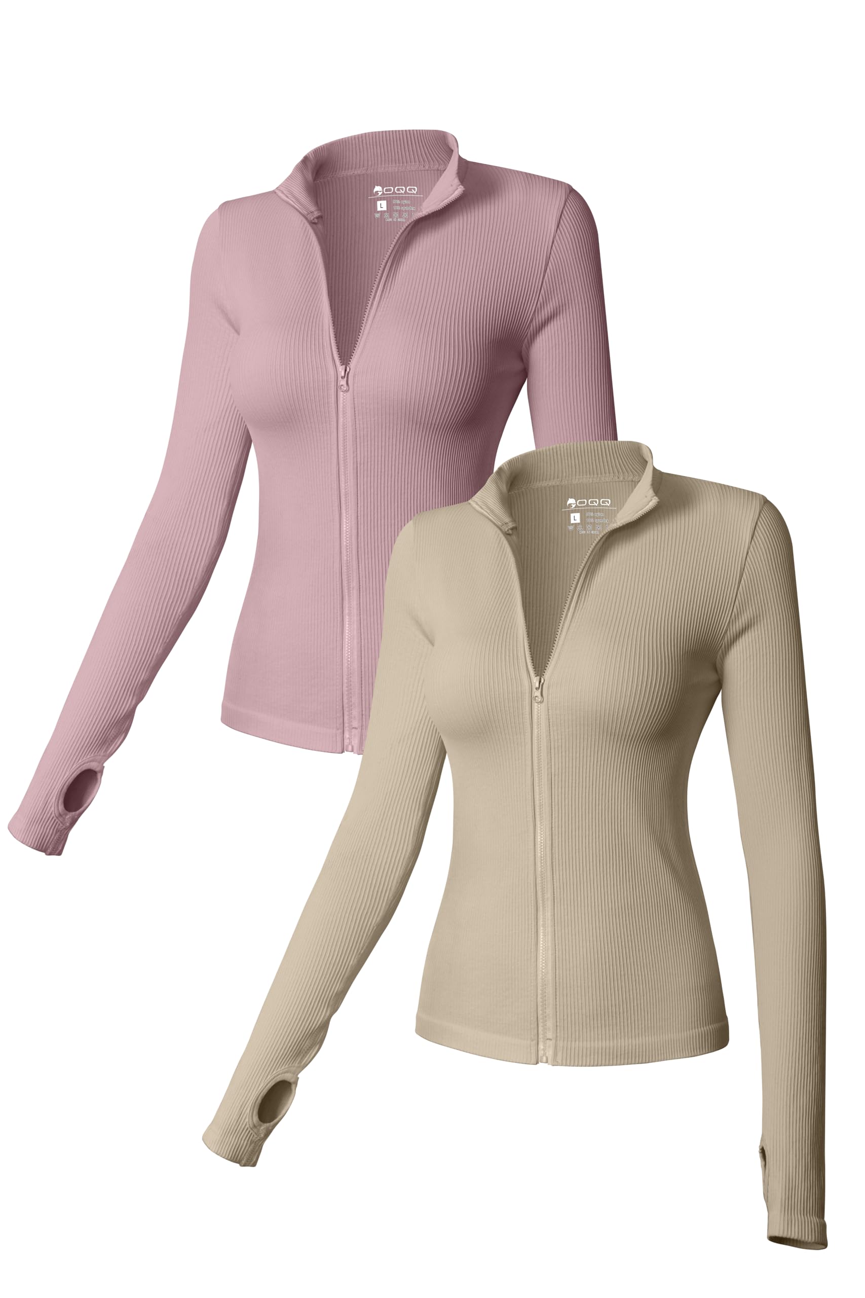 Photo 1 of OQQ Womens 2 Piece Long Sleeve Tops Stand Neck Front Zipped Stretch Fitted Underscrubs Tee Shirts Tops Hide Pink Oatmeal