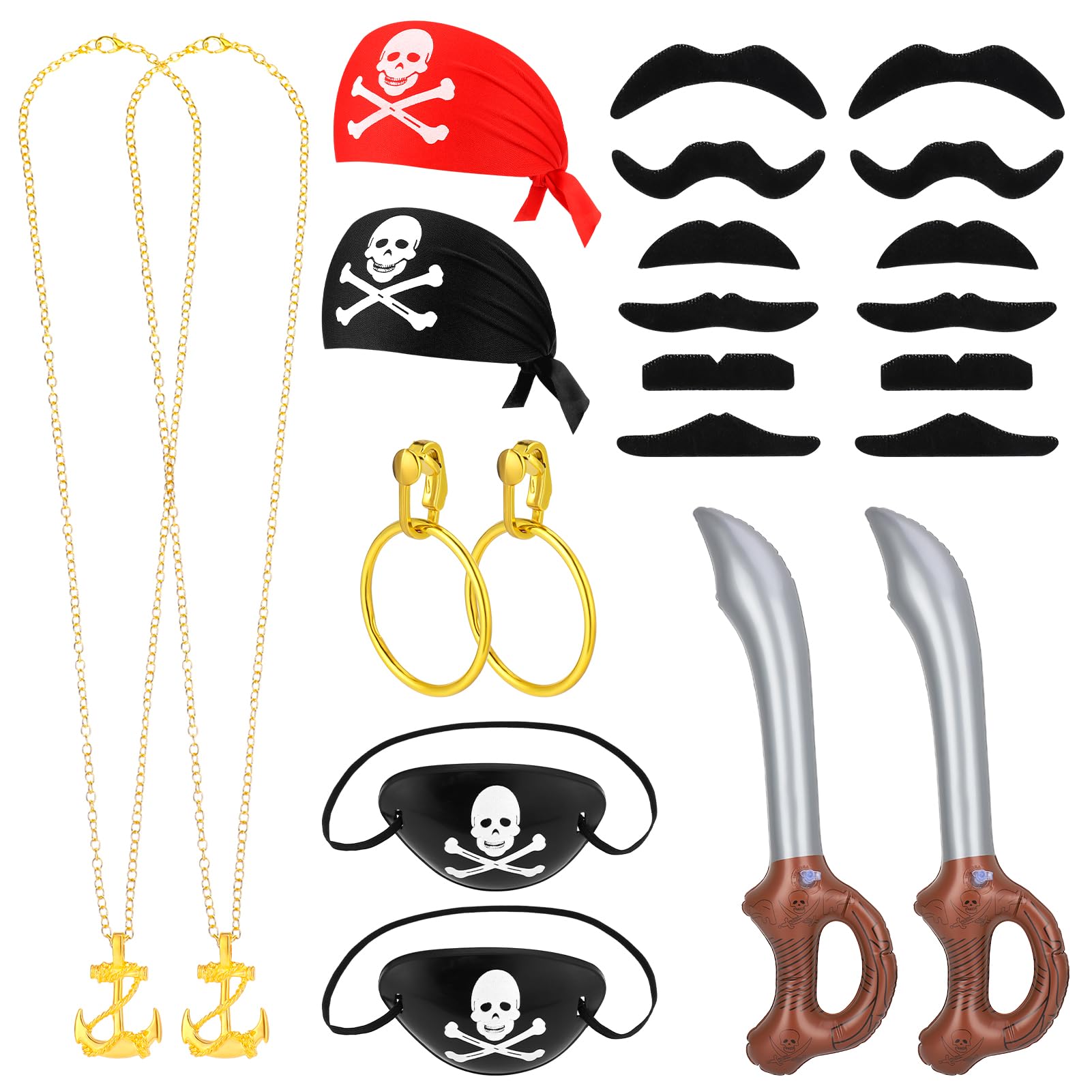 FRIUSATE 11 PCS Pirate Accessories Adult Women Costume Set Head Scarf Hoop Earrings Vintage Necklace Golden Anchor pirate Captain Dress Up for Men Women Kids Party Christmas