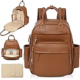 Omanmoli Diaper Bag Backpack,Leather Baby Bag with 16 Pockets,Large Travel Diaper Backpack,Baby Essential Organizer,4 Insulated Pockets,Changing Pad,Brown
