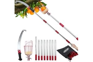 JOVANT 2-in-1 12 FT Pole Saw and Fruit Picker for Tree Trimming and Fruit Harvesting, SK5 Blade and High Carbon Steel Fruit Picker for Cutting High Branches and Fruit Grabber, Stainless Steel Pole
