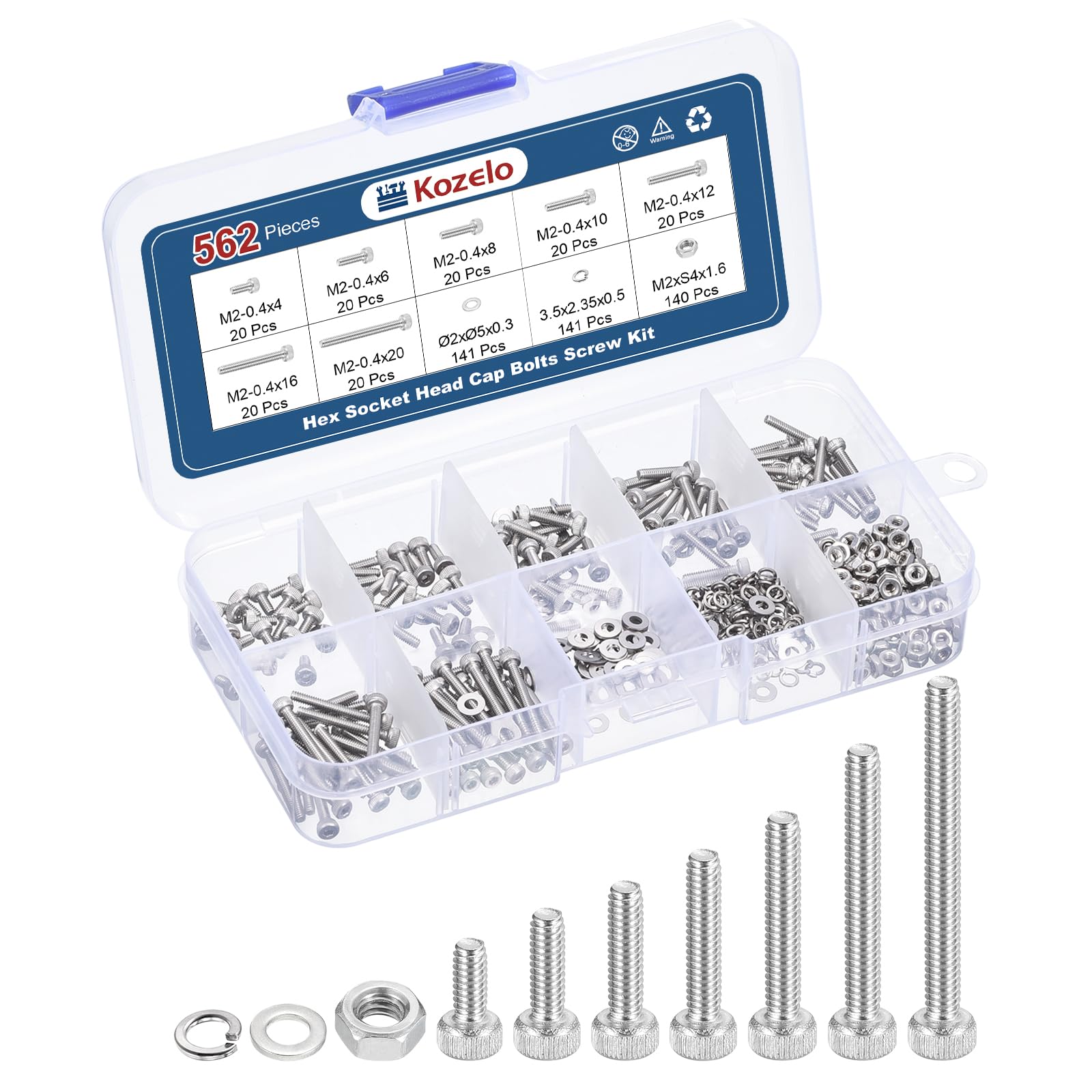 Kozelo 562pcs M2 Socket Head Cap Screws Bolts Nuts Assortment Kit - [M2x4/6/8/10/12/16/20mm] 304 Stainless Steel Allen Socket Drive for 3D Printer — image 1
