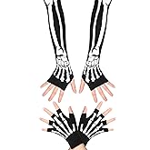 Zhanmai 2 Pairs Skeleton Gloves for Men and Women Elastic Knitted Winter Fingerless Skull Goth Hand Warmer Unisex Warm Half Finger Gloves