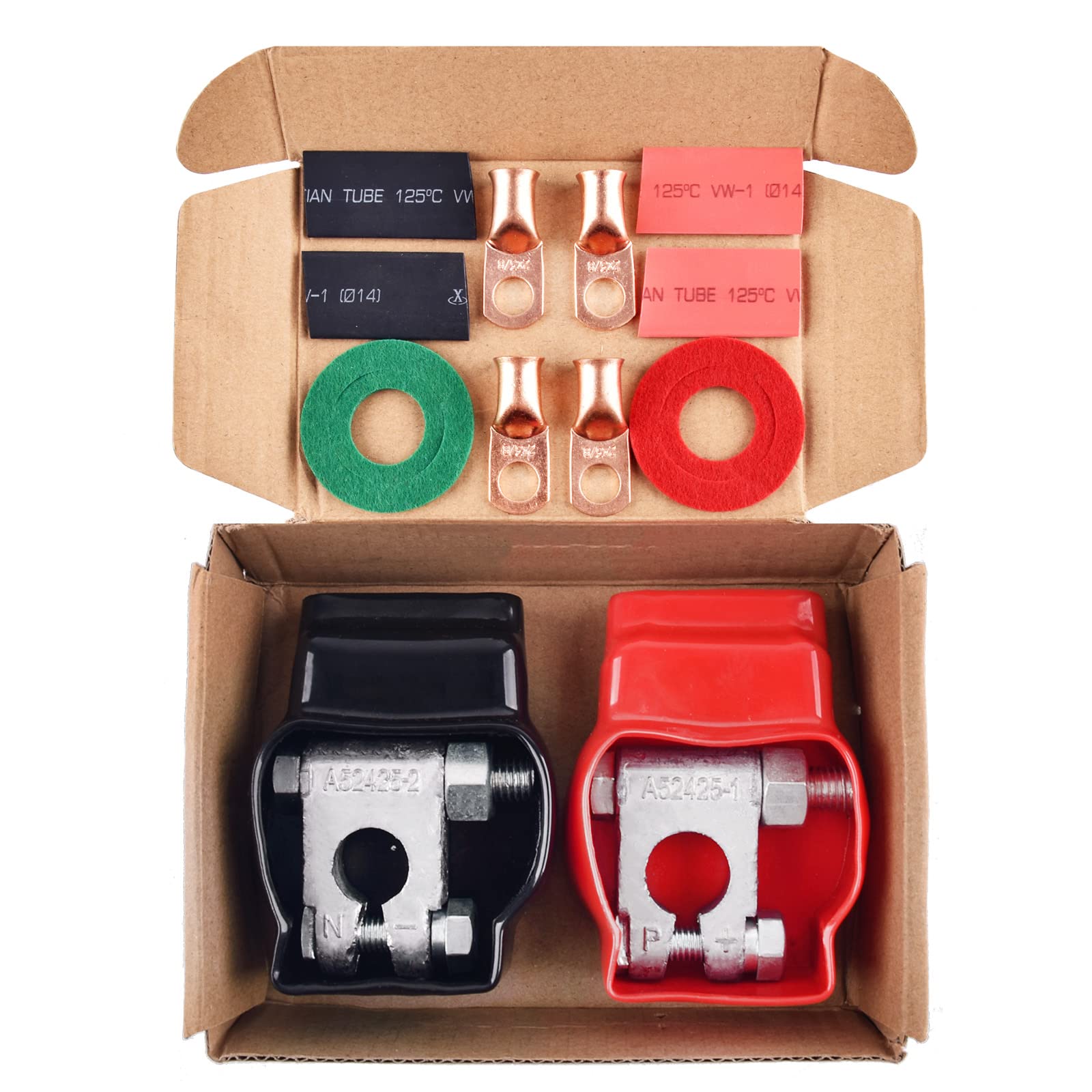 Photo 1 of Battery Terminal Connectors, Military Spec Positive Negative Heavy Duty Auto Car Marine Battery Terminal,with 4 Pcs 2 Gauge 3/8" Copper Lugs,4 Heatshrink,2 Cover and Anti Corrosion Washers (Kit)