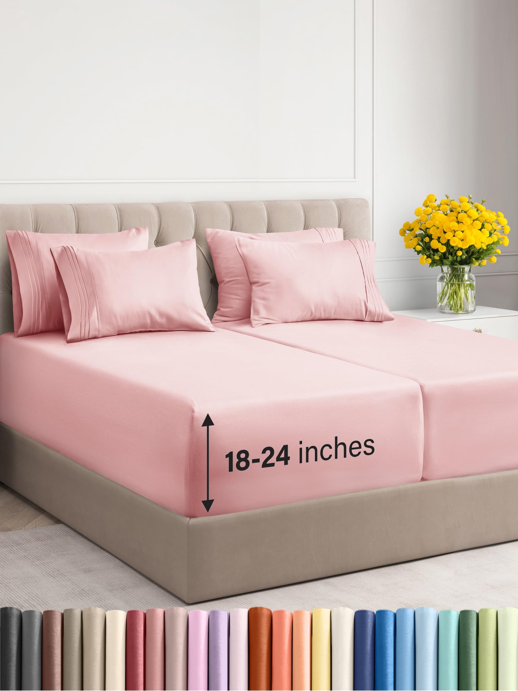 Photo 1 of Extra Deep Split King Sheet Set - 7 Piece Breathable and Cooling Sheets - Hotel Luxury Bed Sheets Set - Easy Fit - Soft, Wrinkle Free and Comfy Sheets Set - Baby Pink Sheet Set with Extra Deep Pockets