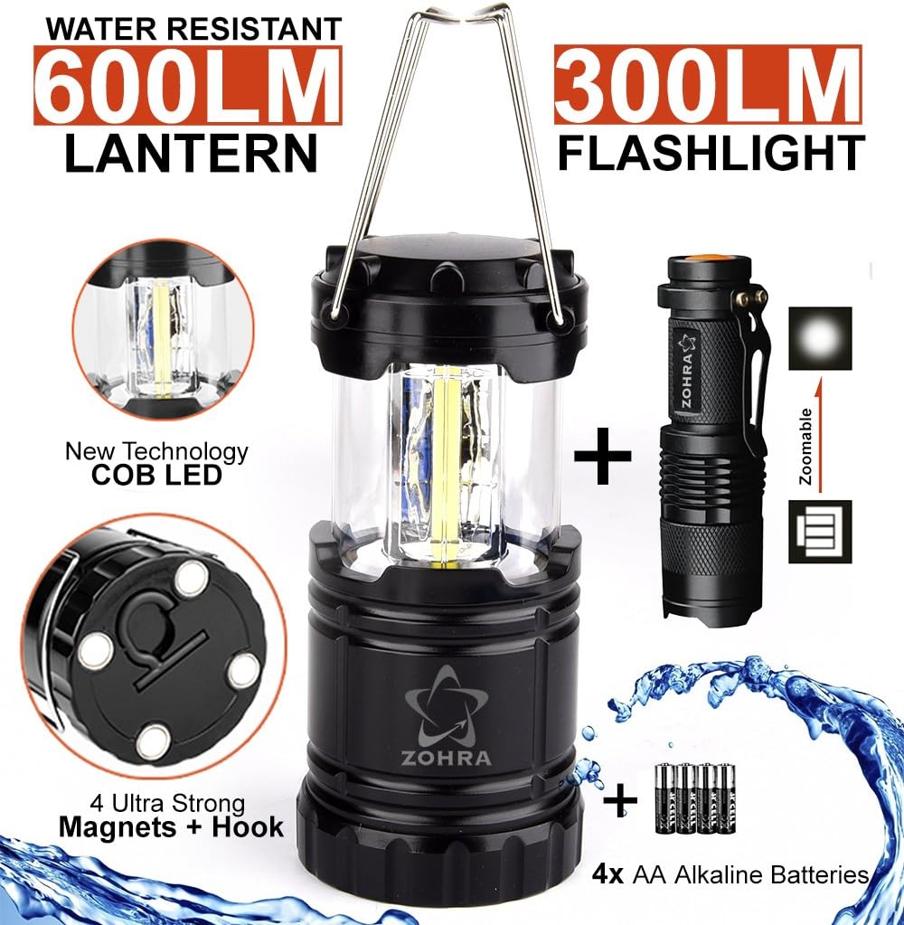 COB LED Lantern 600 Lumens & 300 Lumens Flashlight Gift box Kit with 4 AA Batteries, Magnetic Base, Ultra Bright Collapsible, Portable Hanging Survival, Emergency, Hurricane, Storm, Power Outage