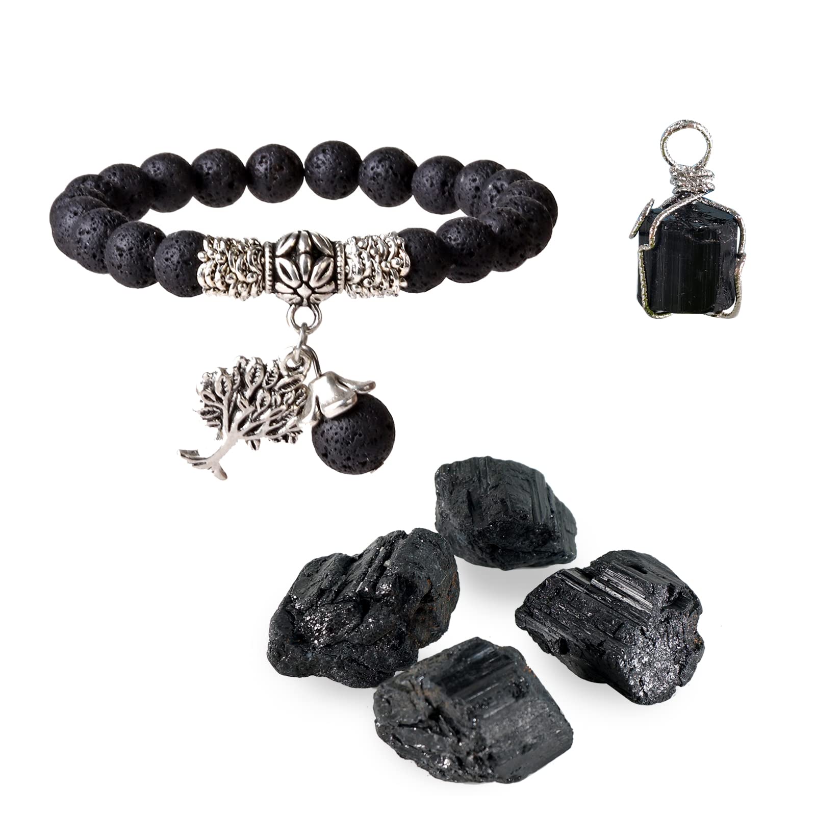 Soulnioi Crystals and Healing Stones Sets for Beginners 1pc Black Tourmaline Necklace, 1pc Volcanic Stone Bracelet, 4pcs Raw Black Tourmaline for Meditation