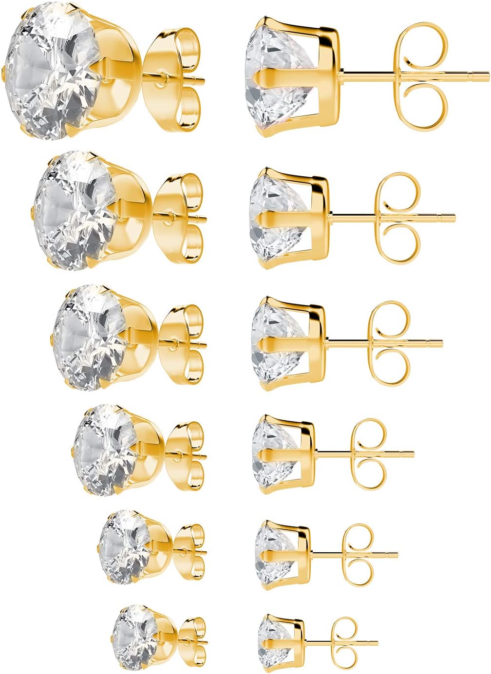 UHIBROS Surgical Stainless Steel Stud Earrings Set Pierced Cubic Zirconia Round Ear Studs 6 Pairs 3-8mm