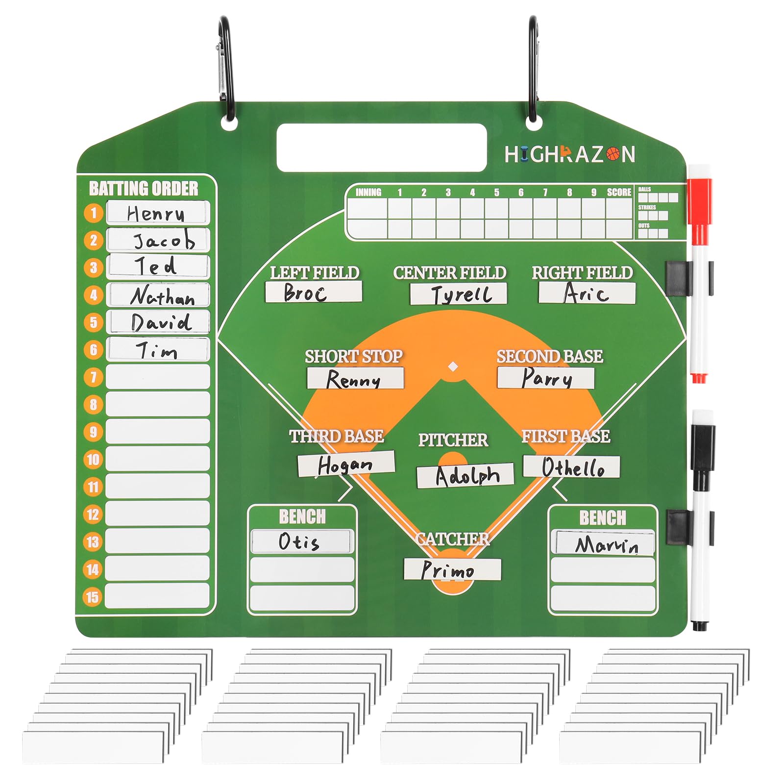 Photo 1 of HIGHRAZON Magnetic Baseball Coach Clipboard, Dry Erase Coach Lineup Board, Premium Tactical Baseball Coaching Board with 40 Lineup Cards and Marker, Dugout Display Softball Coaching Accessories