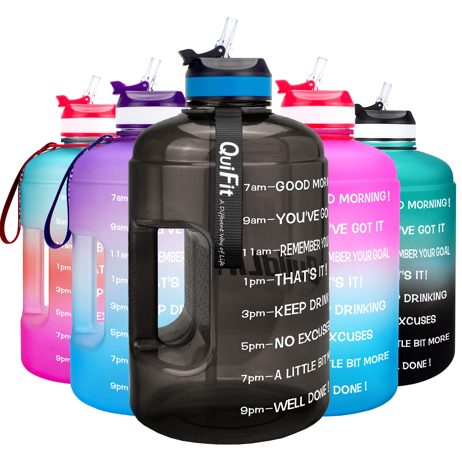 QuiFit 2.2 Litre Motivational Water Bottle - with Straw & Time Marker,Wide Mouth,BPA Free,Reusable,Ideal for Gym,Outdoor Sport,Home & Office(Midnight black)