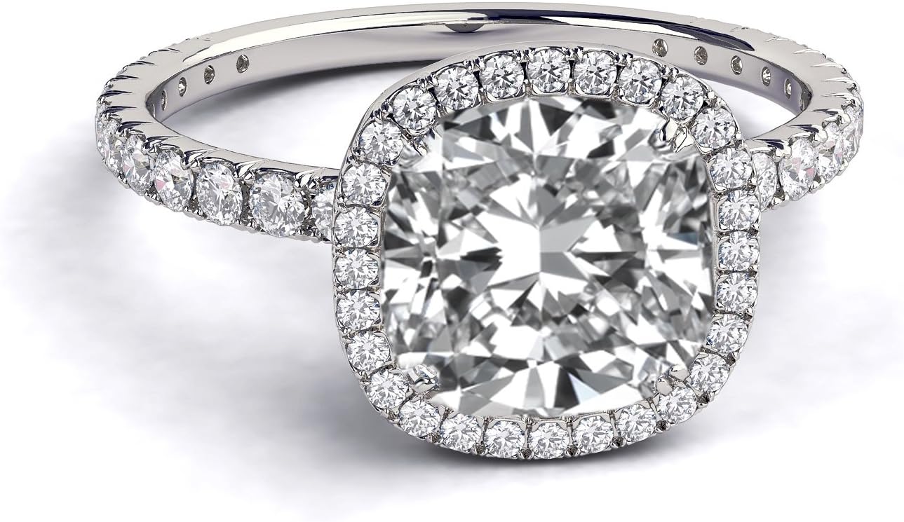 7.50MM D-F VS Moissanite Engagement Ring with Diamonds (1.7 ct Moissanite Weight, 2.5 ctw Dew) Cushion Shape 14K White Gold