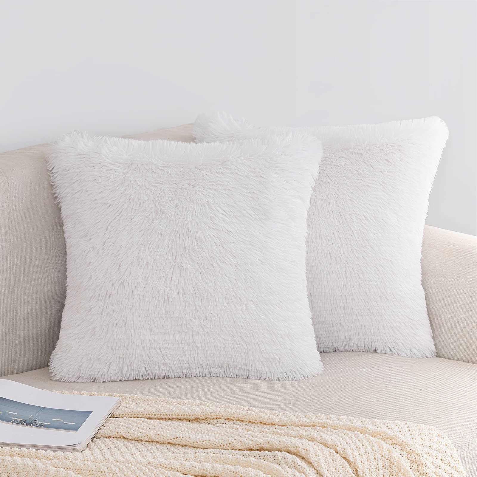 EMEMA Fluffy Cushion Covers Faux Fur Throw Pillow Covers White Soft Decorative Square Cute Pillow Plush Case For Livingroom Sofa Bedroom 16 x 16 Inch 40 x 40 cm Pack of 2