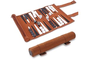 Travel Backgammon Set - 14x9.8 Inches (35.5x25 cm) Roll-Up Leather Board Game for 2 Players, Classic Luxury Backgammon with S