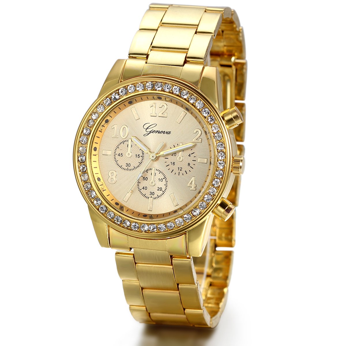 JewelryWe Mens Dress Watch, Stainless Steel Bling Rhinestones Accented Quartz Wrist Watches - Gold