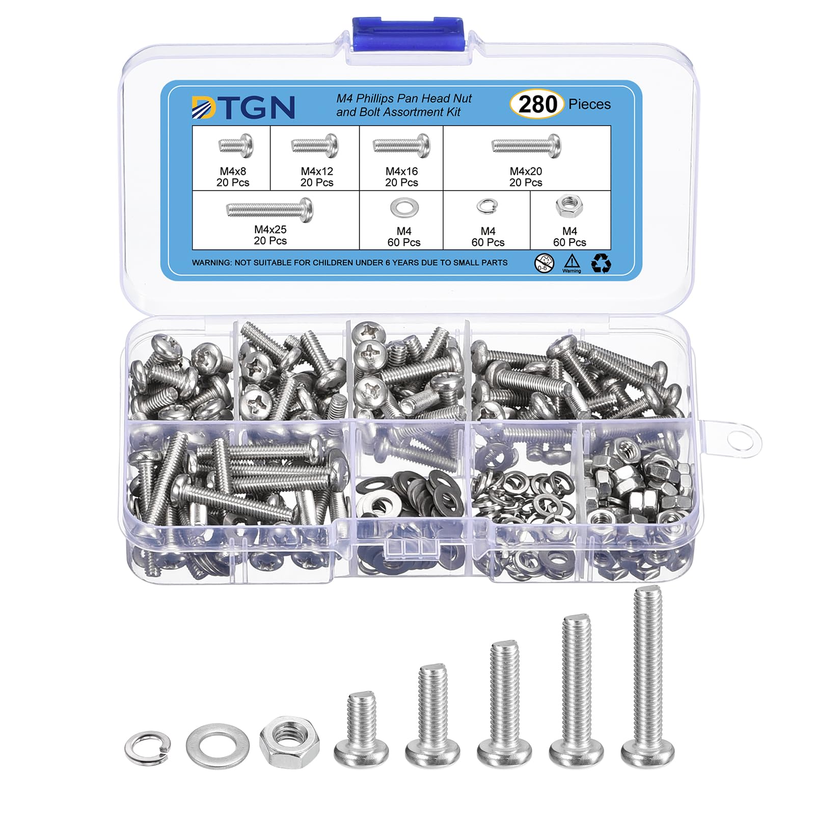 DTGN 280Pcs Machine Screws Assortment Kit, M4 Phillips Pan Head Nut and Bolt Assortment Kit, M4x8/12/16/20/25mm Metric Bolt Assortment, 304 Stainless Steel With Washers