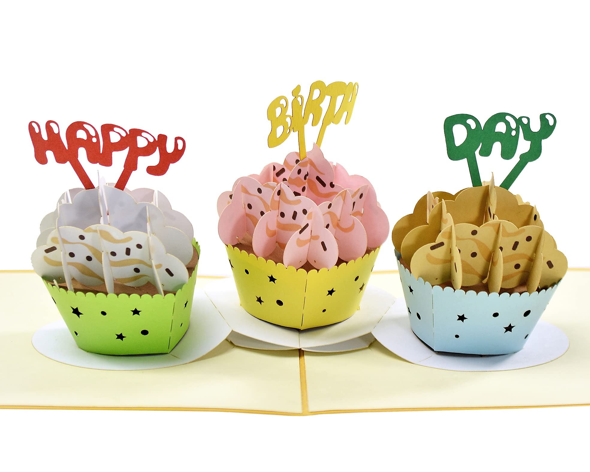 Happy Birthday Cupcake Pop Up 3D card. A Delightful surprise birthday greeting card gift for Kids, Children, Family, Daughter, Mum, Friend, Granddaughter, Dad, Grandad, Son, Sister, Grandma. 15cmx15cm