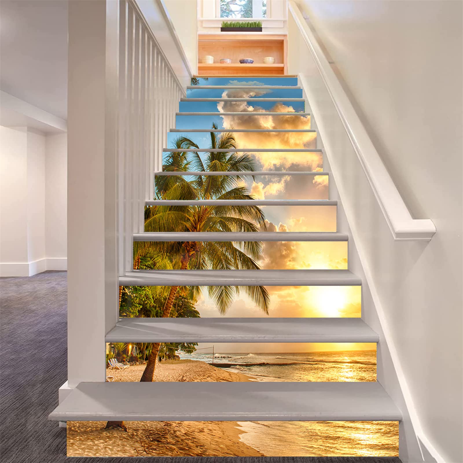 FLFK 13Pcs Sunset Ocean Beach Palm Tree Stair Risers Sticker Peel and Sick 39.37"x7.08",Self-Adhesive Staircase Stickers Decals Mural Wallpaper for Home Decor