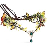 MOSTORY Elf Headpiece with Butterflies Fairy Green Rhinestone Crown Woodland Elven Circlet Tiara for Women Wedding Bridal Birthday Party Halloween Renaissance Costume Accessory Yellow
