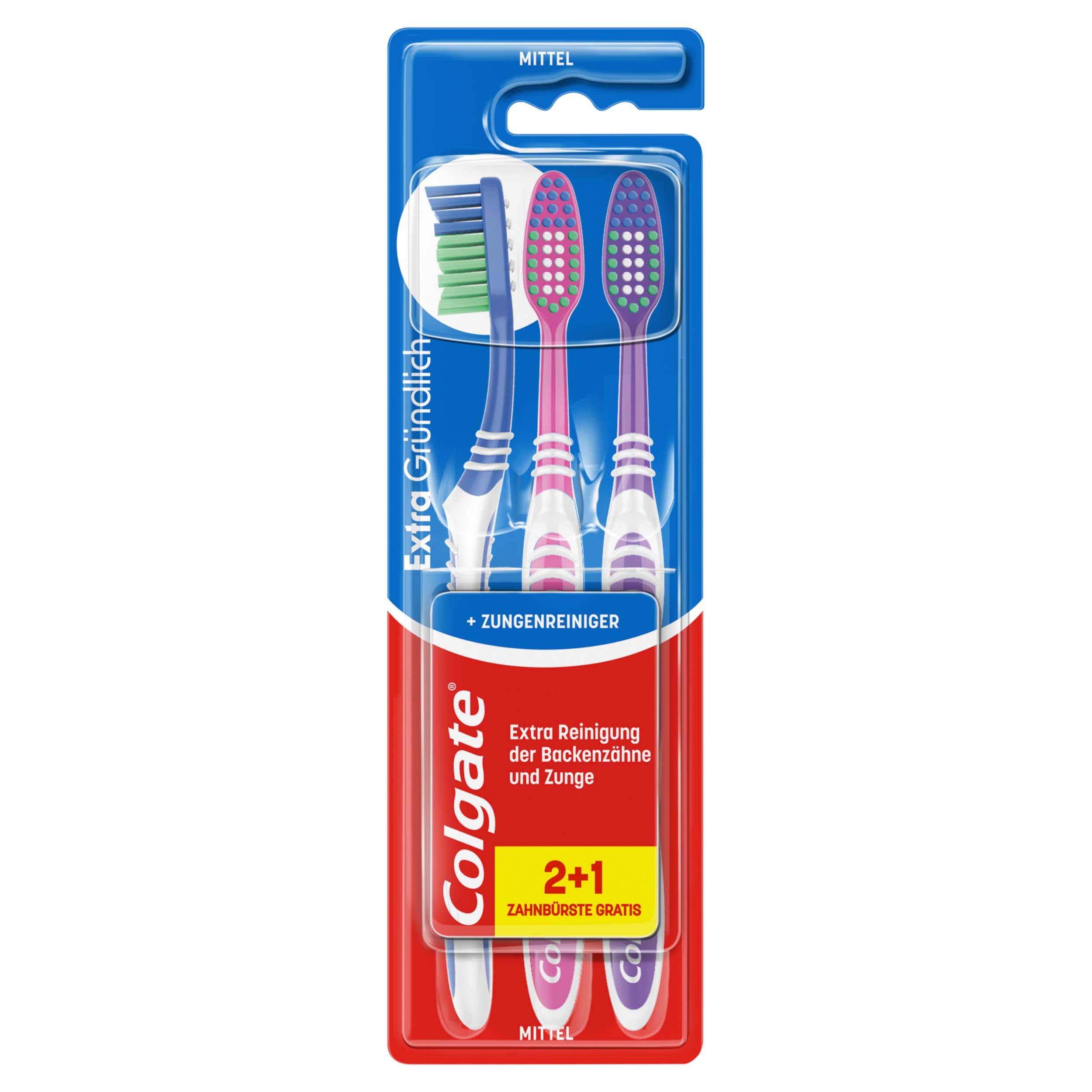 Colgate Zahnbürste Extra Clean, 3 Stück – Handzahnbürste mit mittelharten Borsten erreicht die Zahnzwischenräume sowie hinteren Zähne – Zahnreinigung mit integriertem Zungenreiniger