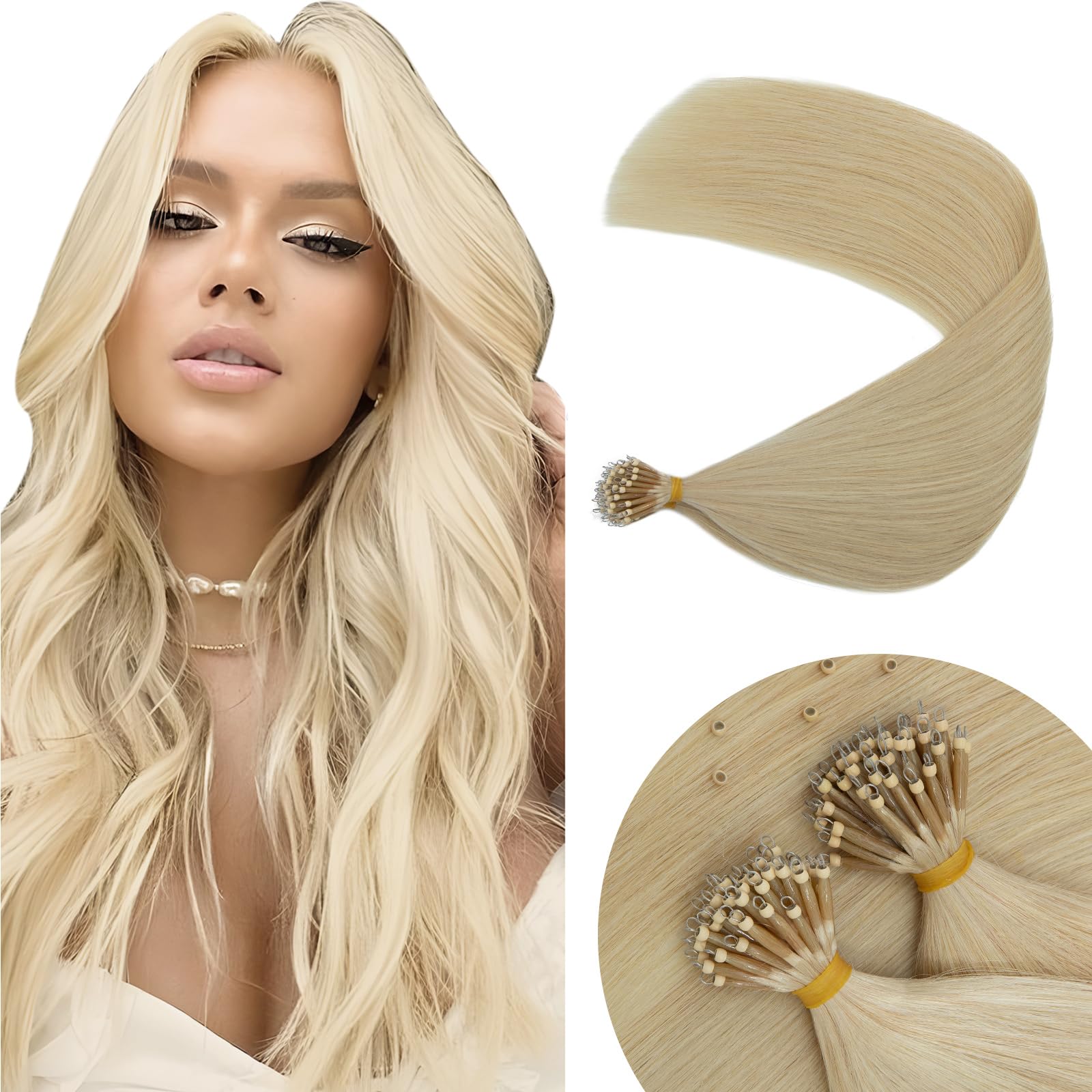 Elailite Blonde Nano Beads Hair Extension Real Human Hair 50 Strands 50g Cold Fusion With Nano Ring Micro Rings Remy Hair Straight (#60 Platinum Blonde, 14 Inch) — image 1