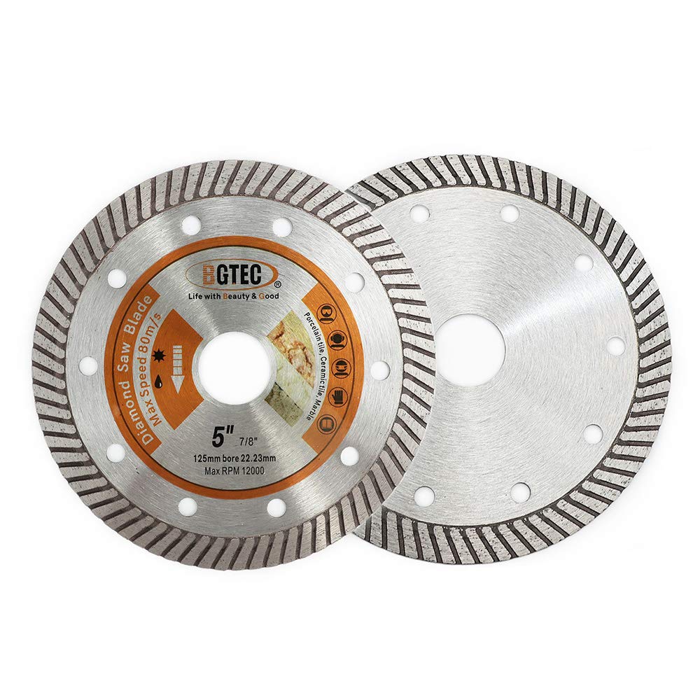 BGTEC Diamond Tile Blade 2PCS 125mm Super Thin Turbo Rim Concrete Porcelain Saw Blade with 22.23mm Arbor for Cutting Porcelain Tile Ceramic Granite Marble Hard Material Cutting Disc