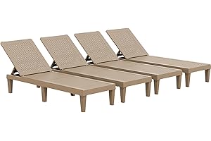 JUMMICO Patio Chaise Lounge Chair Set of 4 Outdoor PE Waterproof Adjustable Easy Assembly Lounge Chairs for Outside Pool Garden Deck Beach (Light Brown, Set of 4)