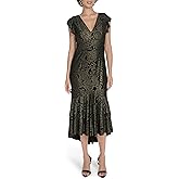 Tommy Hilfiger Women's Flutter Sleeve V-Neck Ruffle Trim Hi Lo Midi Dress, Black/Gold, 10