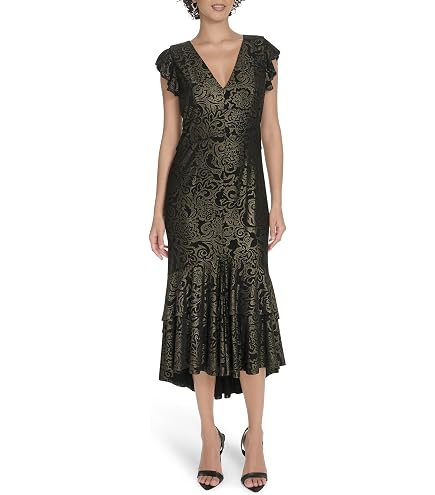 Tommy Hilfiger Women's Flutter Sleeve V Neck Tiered Maxi Dress, Aubergine Multi, 2 at Amazon Women's Clothing store