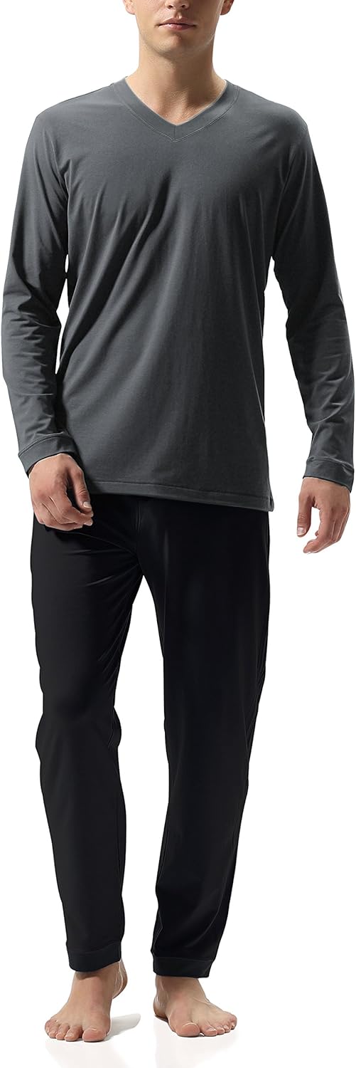 DAVID ARCHY Men's Cotton Sleepwear Tall PJs V-Neck Lounge Wear Top and Bottom Long Pajamas Set: Clothing