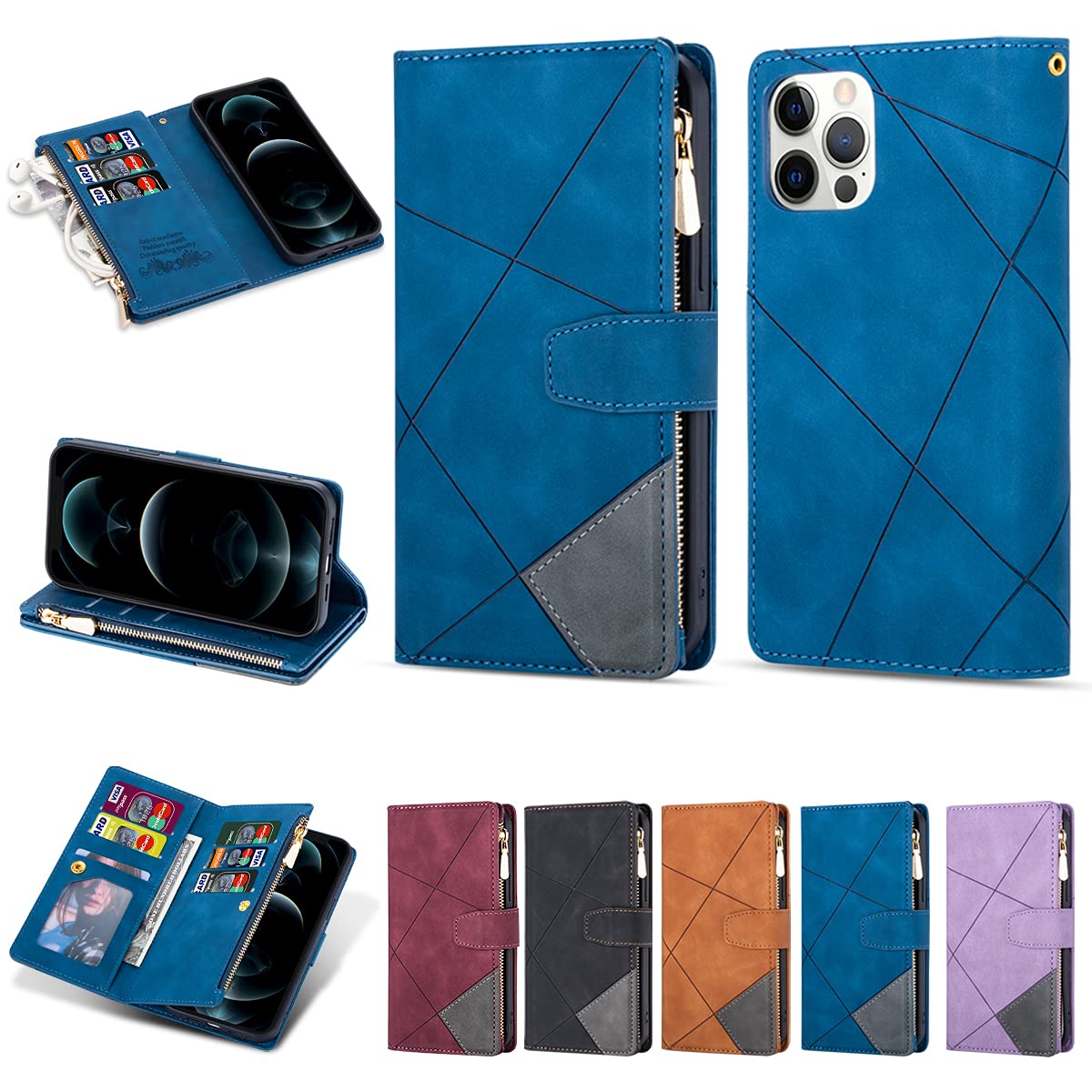 UEEBAI Wallet Case for iPhone 13 Pro Max 6.7 inch, Vintage Premium PU Leather Cover Flip Case with Card Slots Magnetic Closure Zipper Pocket Kickstand Handbag with Hand Strap - Splice Blue