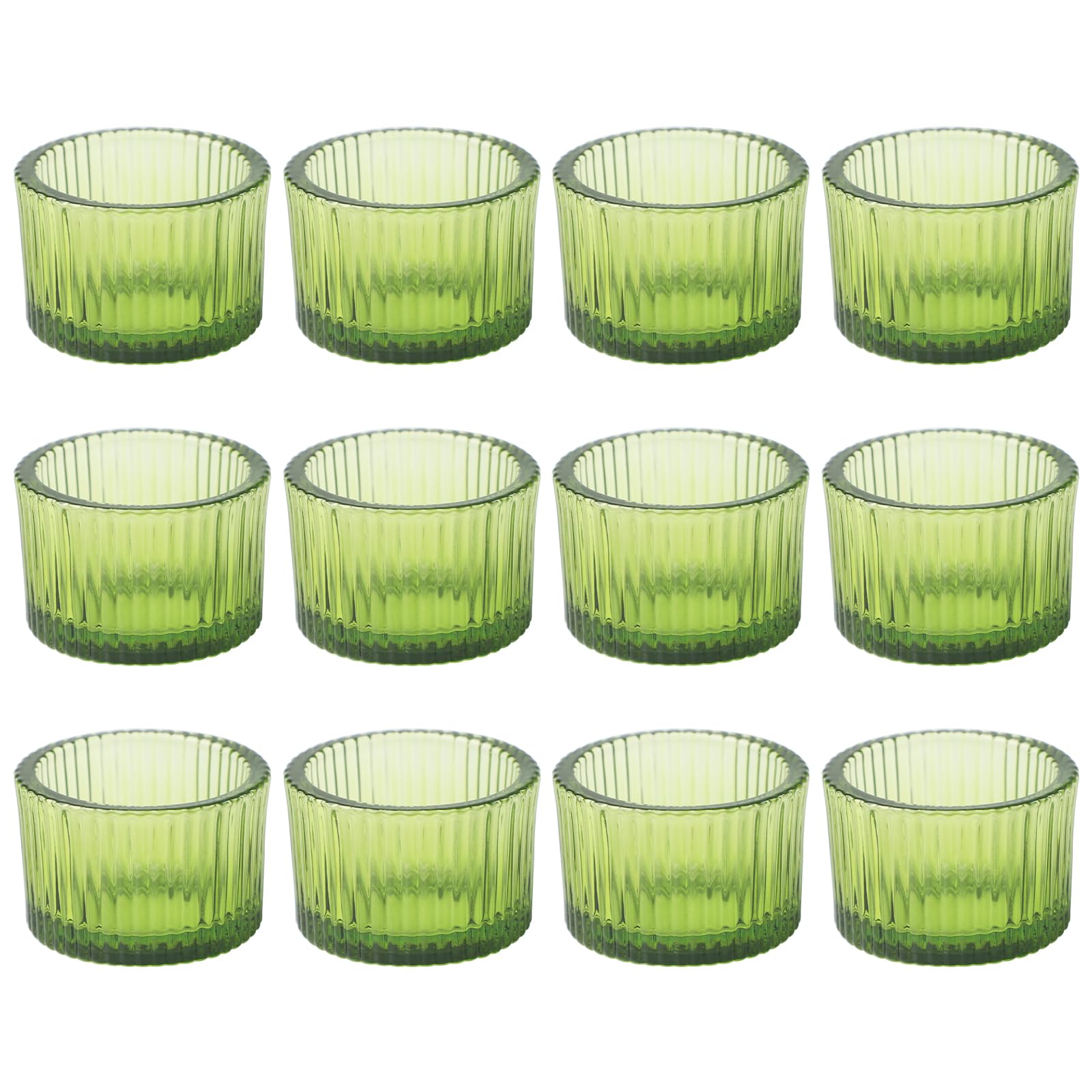 12 Pieces Green Glass Candle Holders, Glass Vertical Stripe Tealight Holder, Vintage Tealight Candle Holder, Table Centrepiece Holder, Romantic Holder for Wedding Tables Decorations