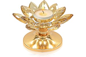 KEHAIL Crystal Lotus Flower Tea Light Holder, Glass Lotus Tealight Candlestick with Gold Metal Base, Votive Candle Stand for Table Centerpiece, Wedding/Parties Decor, Nice Gift (1, Gold)